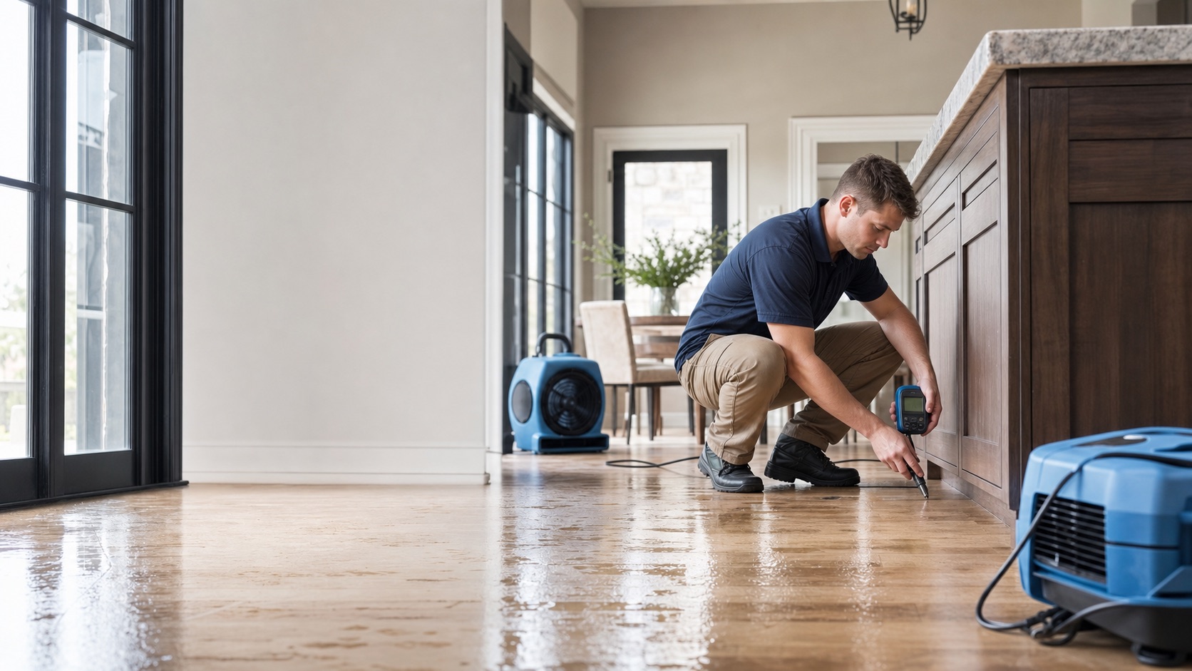 Water damage assessment and drying equipment inside a home
