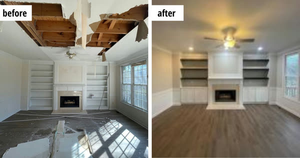 Illustrative before-and-after view of water-damaged materials and a restored interior